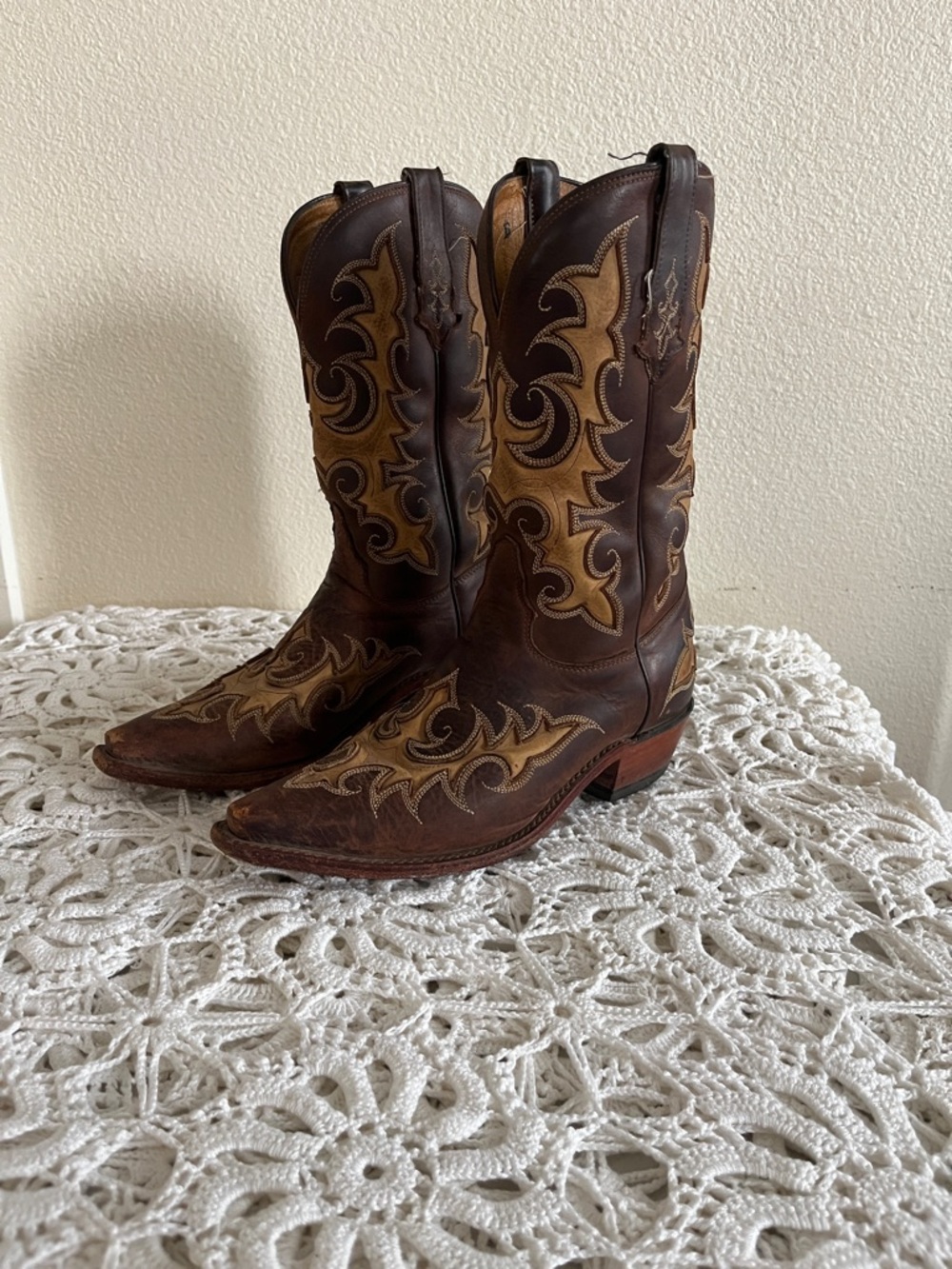 Tony Lama Dark Brown Premium Goat Leather Cowboy Boots with Tan Overlay